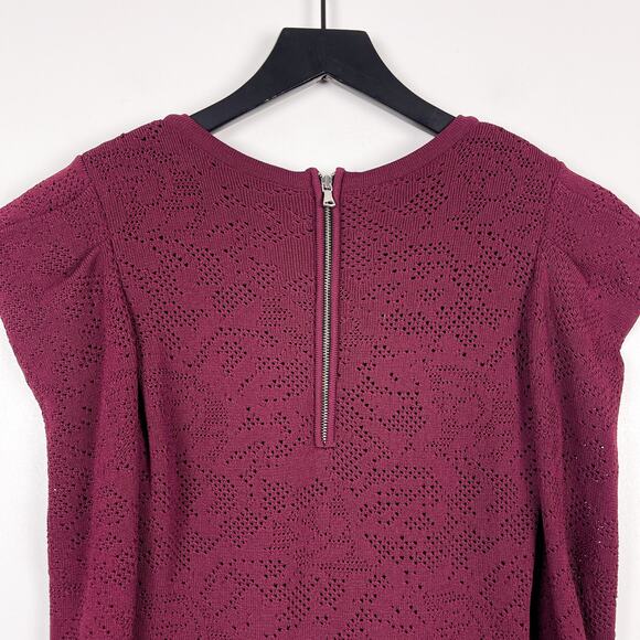 MILLY Size 8 Knee Length Dress Bodycon Fitted Puff Sleeve Maroon Red Knit - Picture 5 of 8